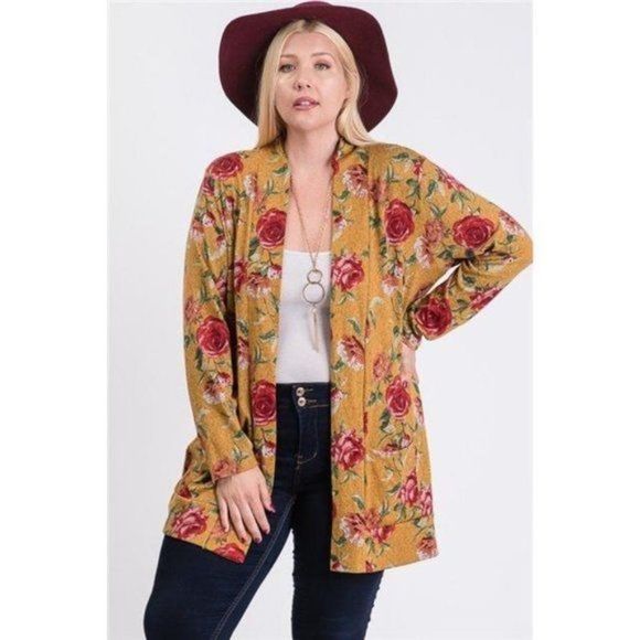 Mustard Yellow Flower Print Pocket Flower Print Hacci Cardigan - Picture 2 of 7